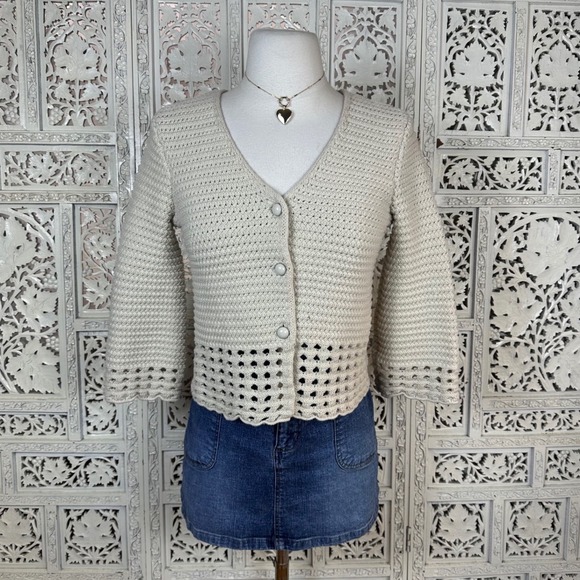 style & co Sweaters - Style & Co Cream Chunky Knit 3/4 Sleeve Crochet Style Cropped Cardigan Sz Small‎
